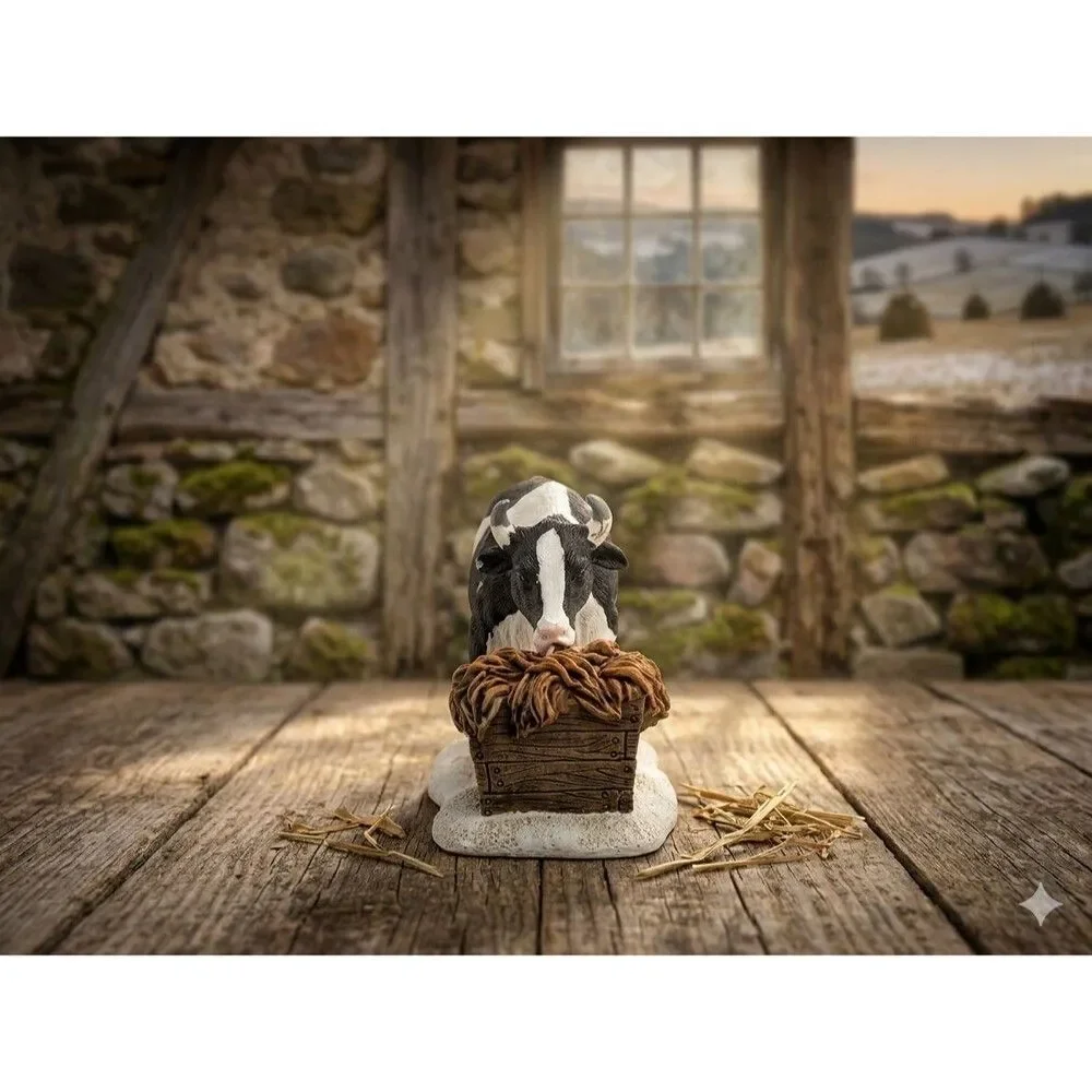 Vintage Holstein Cow Figurine Resin Miniature with Hay Trough Farmhouse Decor